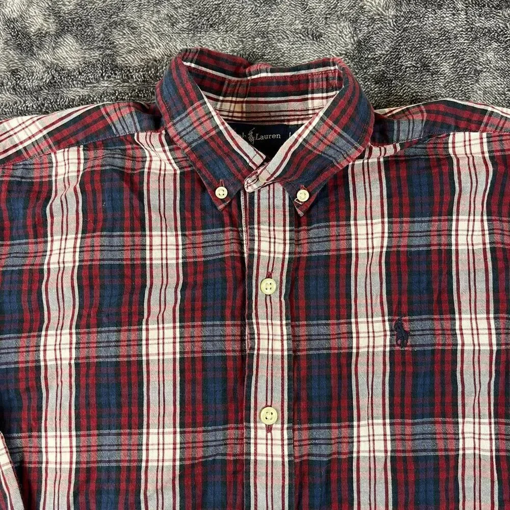 Ralph Lauren Button Up Boys L Long Sleeve Plaid Red Blue Pony Cotton